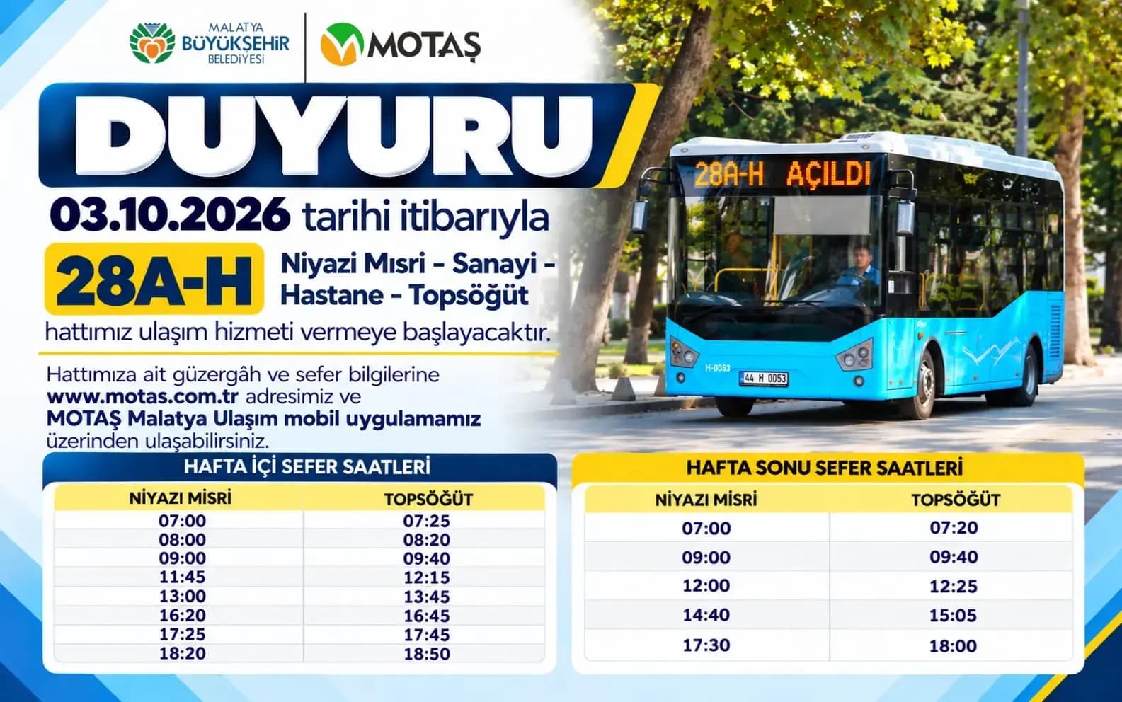 28A-H Niyazı Mısri–Sanayi–Hastane–Topsöğüt Hattı 3 Ekim’de Hizmete Başlıyor...