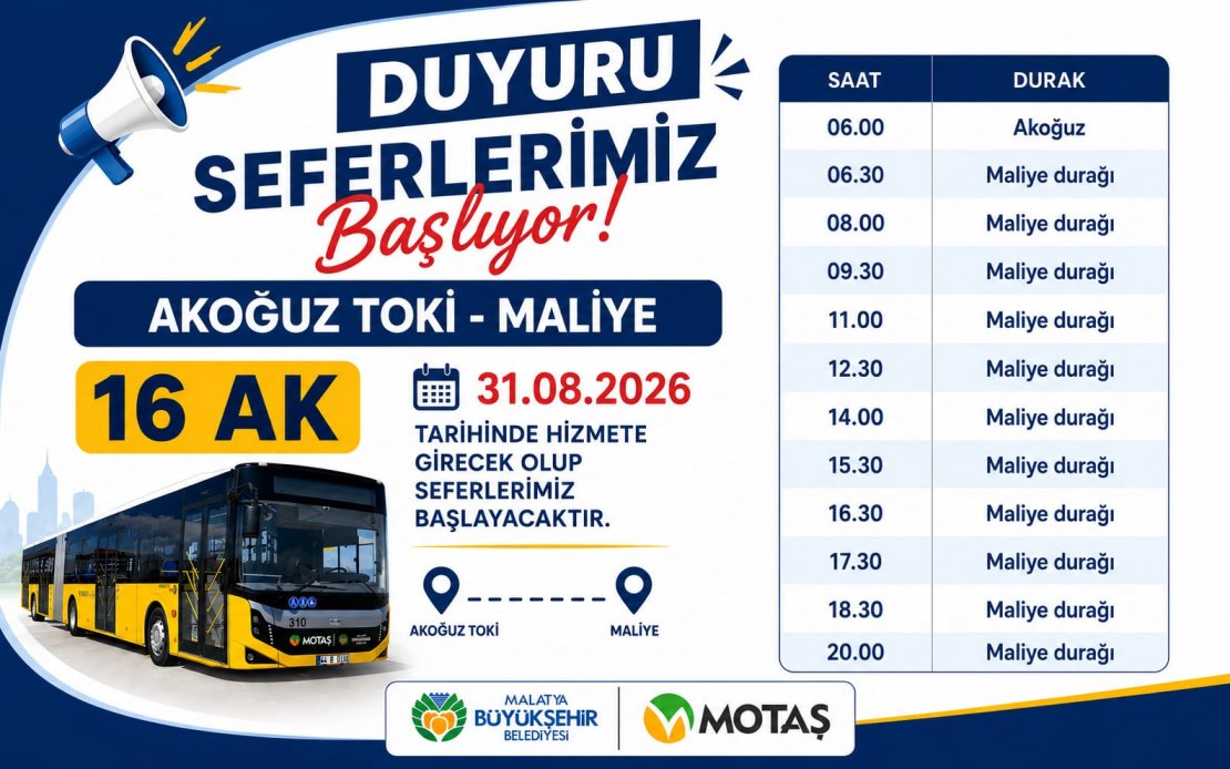 16AK Akoğuz TOKİ – Maliye Seferleri 31 Ağustos’ta Başlıyor...
